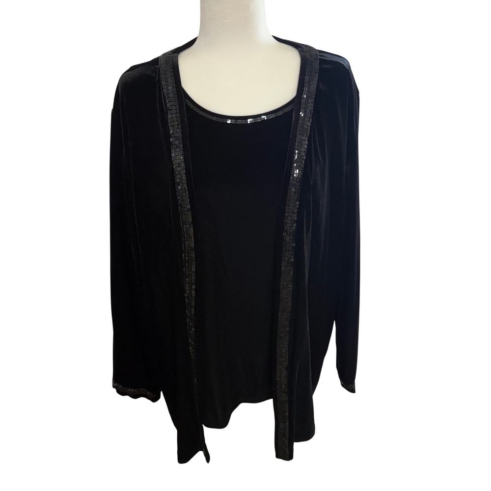 NEW Quacker Factory Black Velvet Sequin‎ 2 Piece Set Cardigan Tank Top Womens 2X